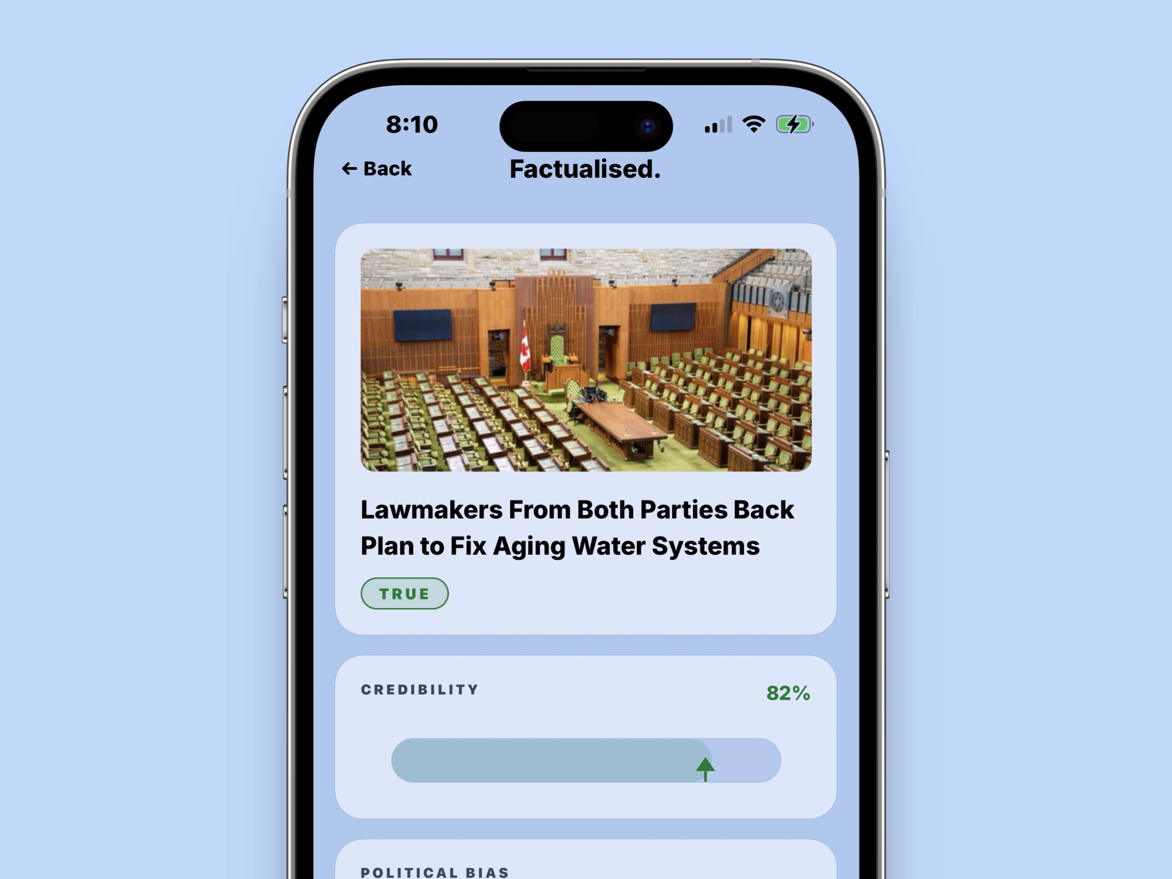 Credibility score screen in the Factualised app