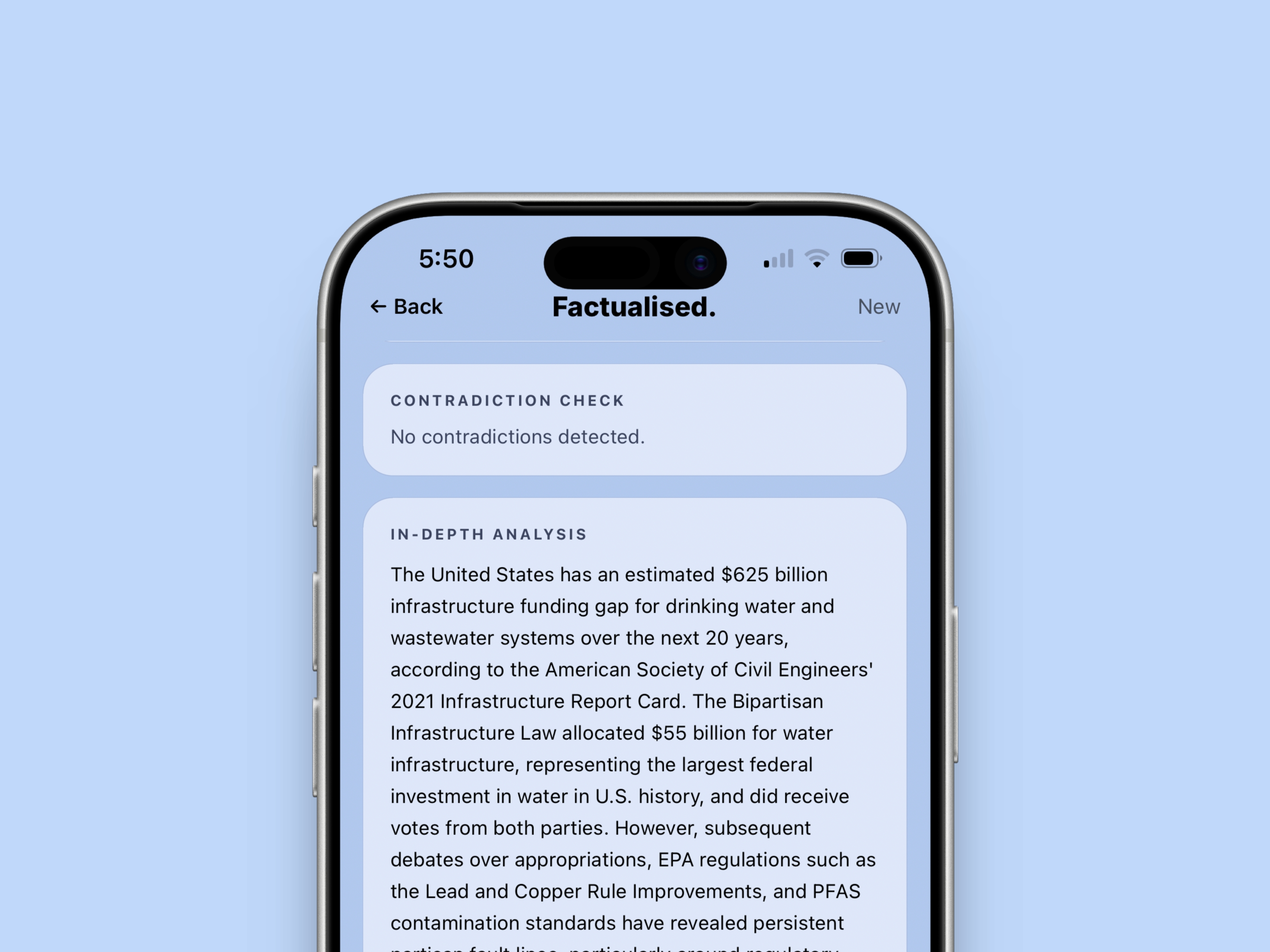 In-depth analysis view in the Factualised app with a contradiction check and detailed breakdown