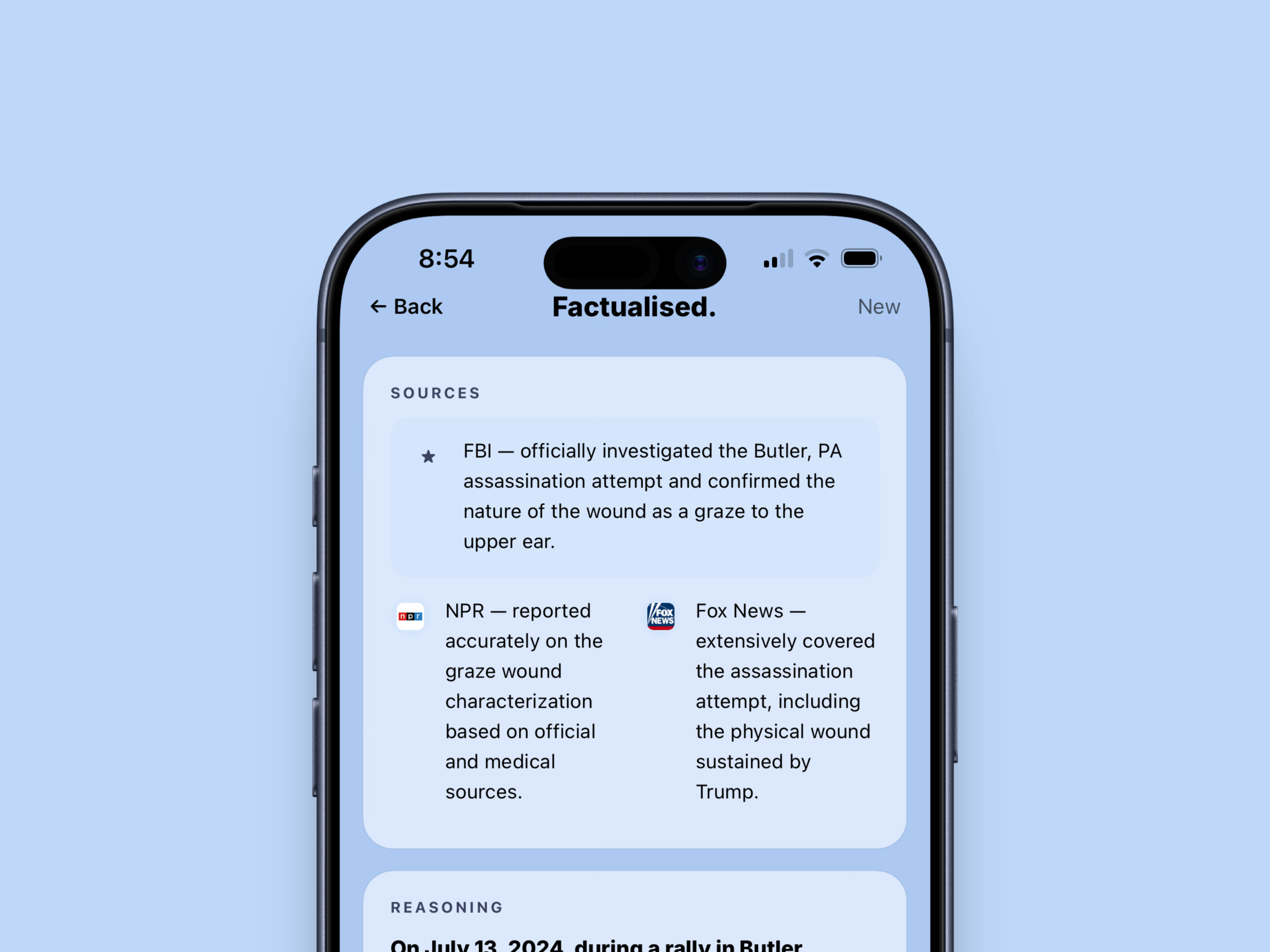 Sources view in the Factualised app showing FBI, NPR and Fox News citations